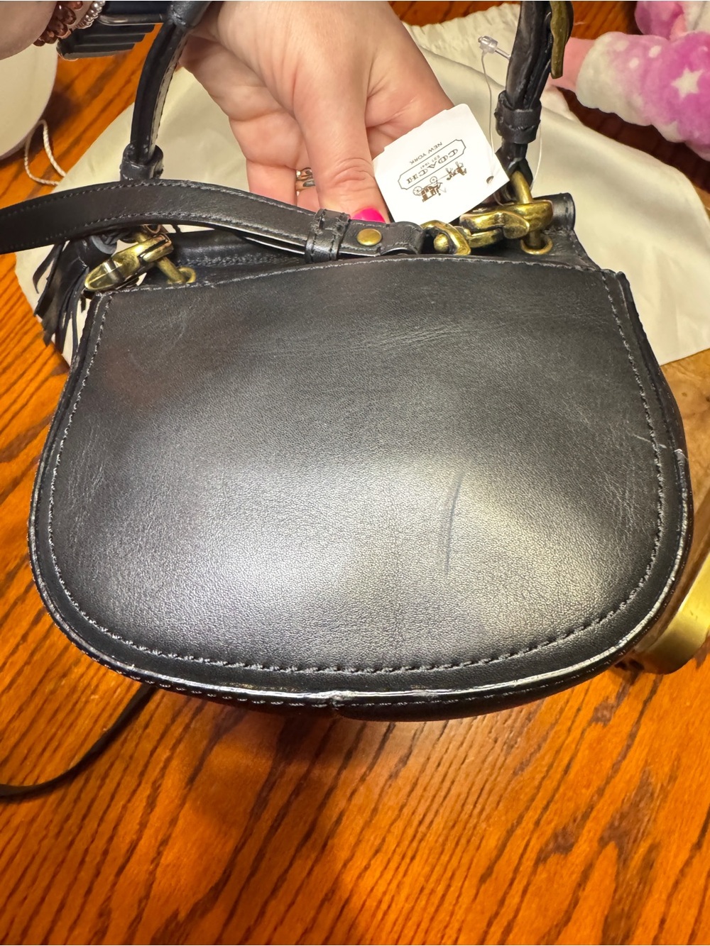 NWT Vintage Coach Black Leather Saddle Crossbody with Brass Turnlock - Picture 6 of 13